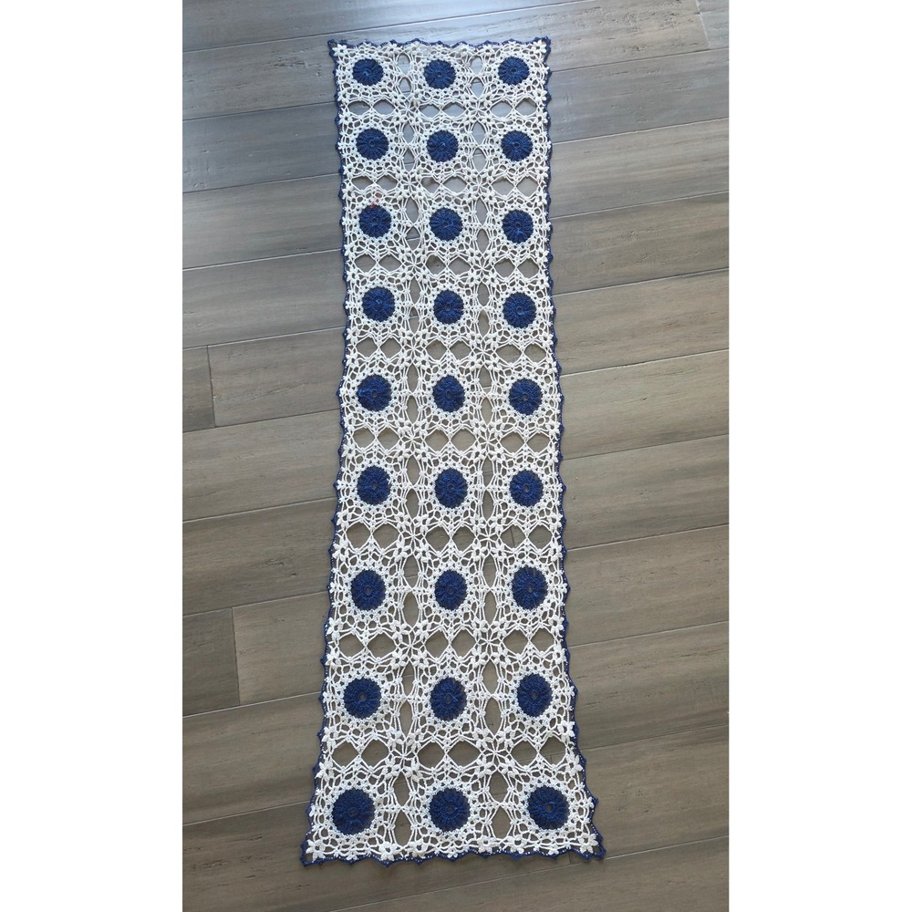 Vintage Handmade Crochet Table Runner Navy Blue White Floral Lace 14x51